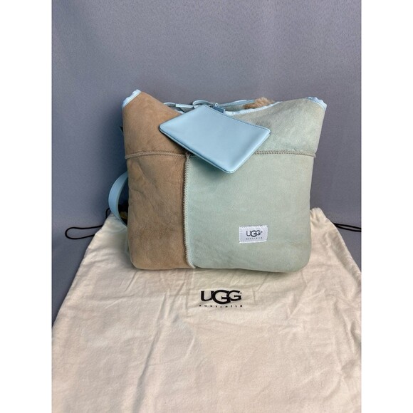 Ugg Tote Hobo Purse Shoulder Bag Bucket Sherpa Shearling Wool Baby Blue Tan - Picture 3 of 12